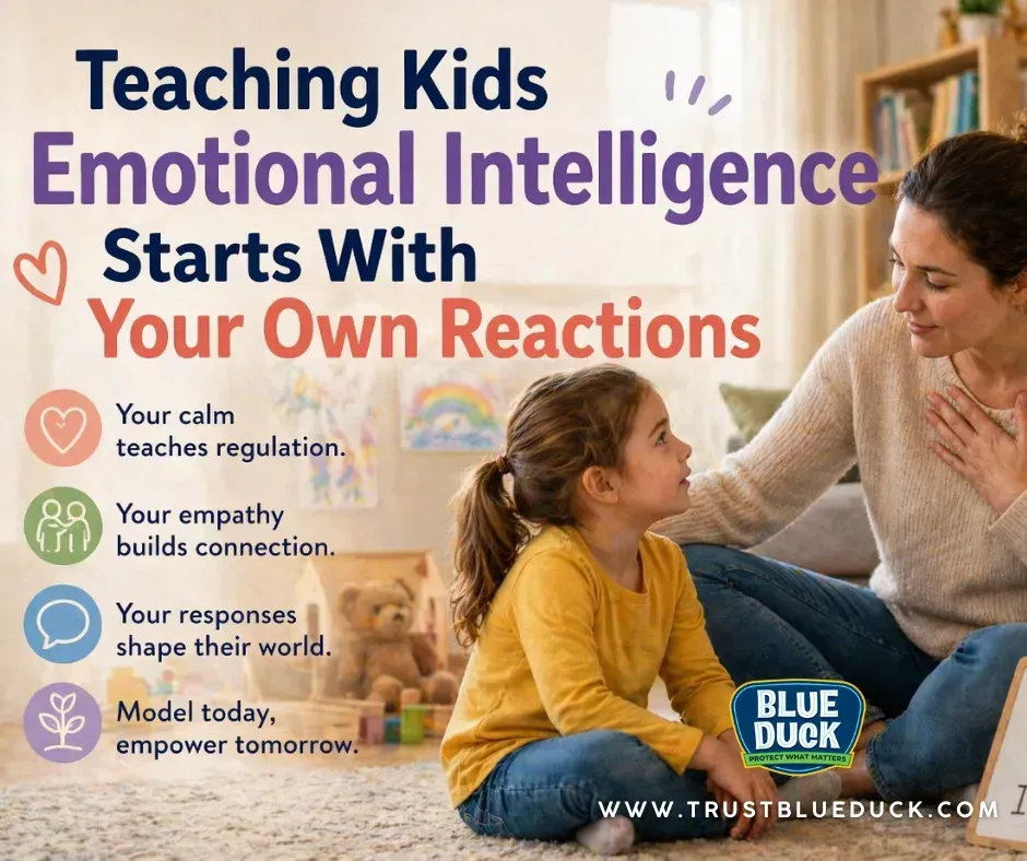 Parent calmly talking with a child in a cozy living room, illustrating teaching kids emotional intelligence through empathy, self-regulation, and positive reactions.