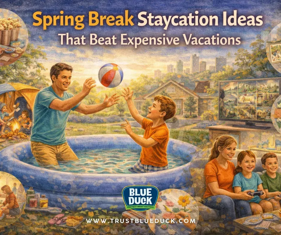 Family enjoying a backyard pool, camping tent, movie night, crafts, and games at home, illustrating spring break staycation ideas that are fun and affordable for families.