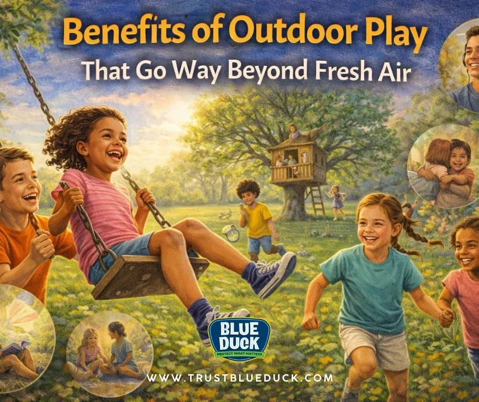 Children playing on swings, running, and exploring nature in a sunny park, illustrating the benefits of outdoor play for physical health, social skills, and emotional well-being.