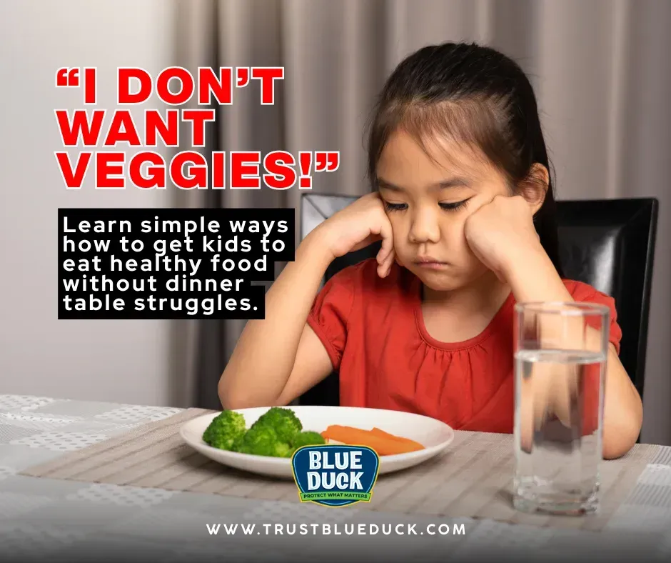 Kid from Indianapolis staring at broccoli with reluctance, showing how to get kids to eat healthy food without pressure or force.