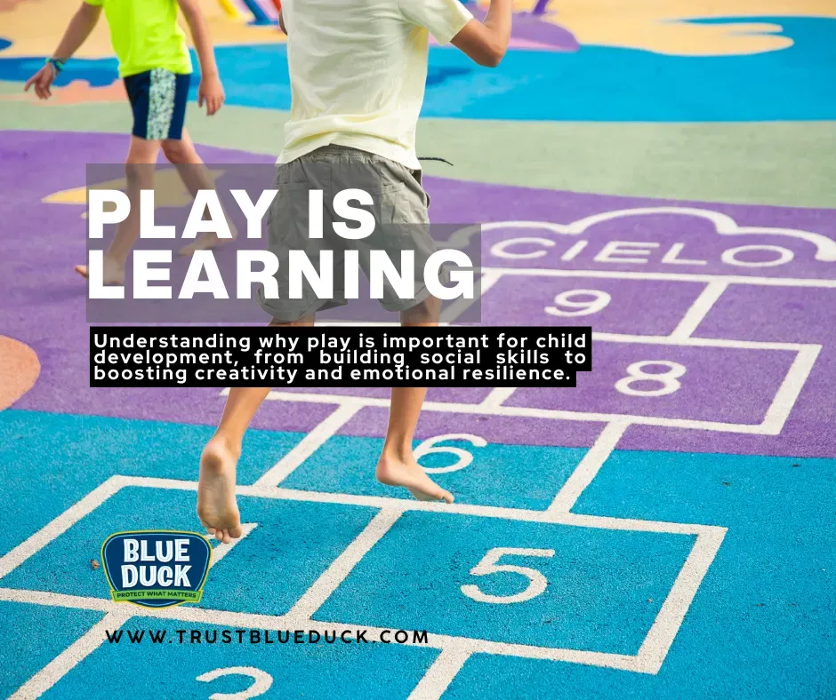 Happy children playing hopscotch together in an Indianapolis playground, capturing why play is important for child development for building friendships and resilience