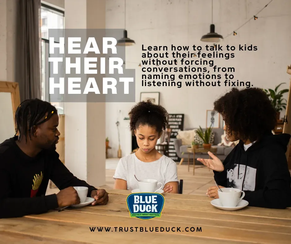 Indianapolis parents listening gently to their child during conversation, showing how to talk to kids about their feelings with patience and without pressure.