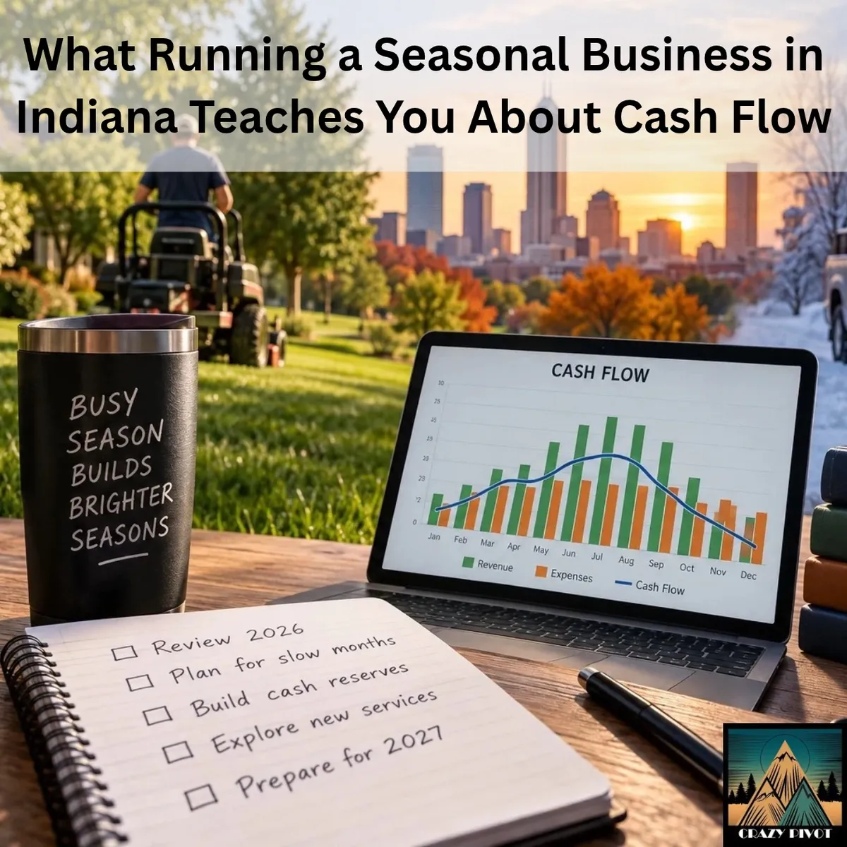 Seasonal business Indiana cash flow planning with a lawn mower, snowplow, Indianapolis skyline, and 2027 financial goals.