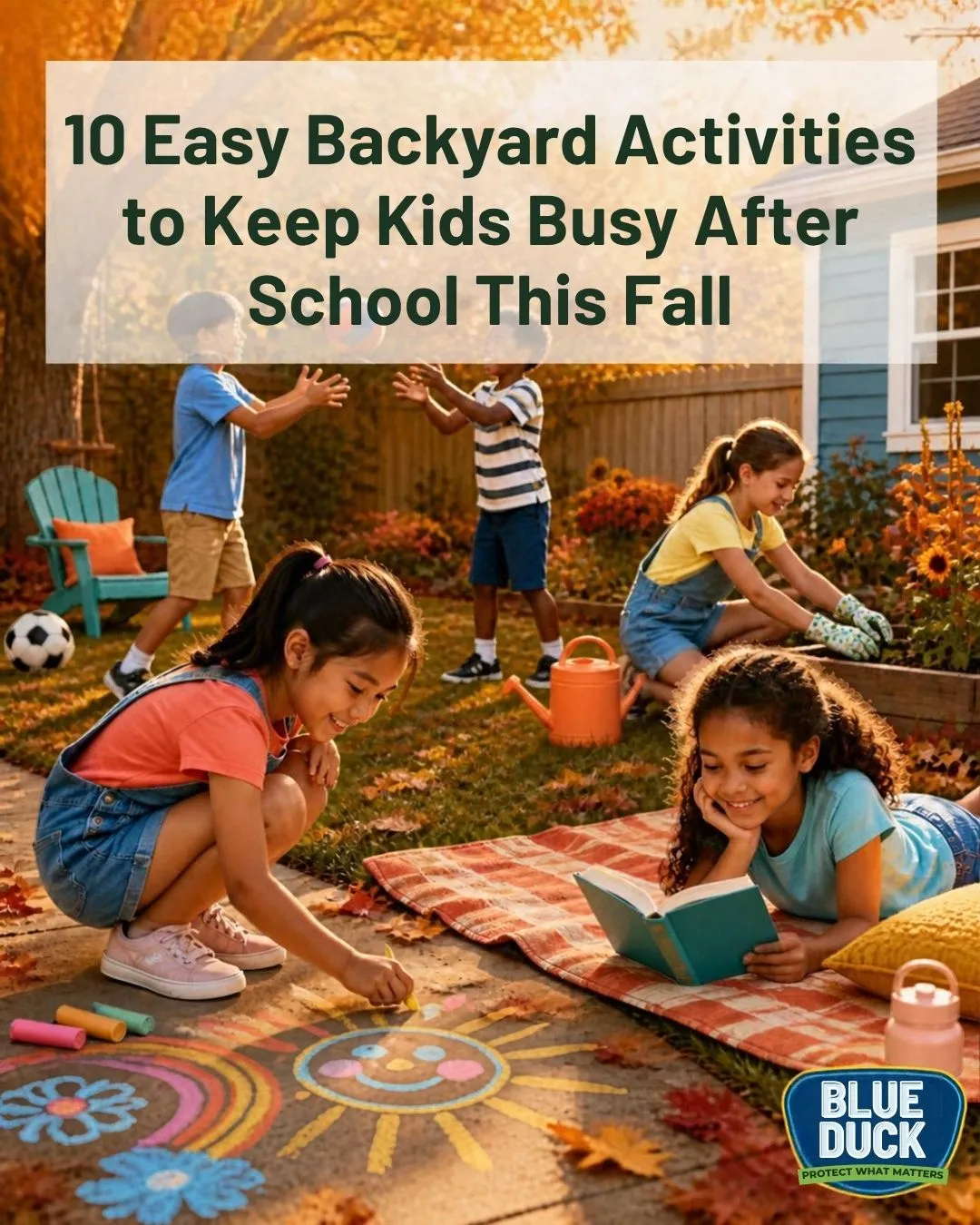 Kids enjoying fall backyard activities after school in Indianapolis with colorful autumn leaves and outdoor games.