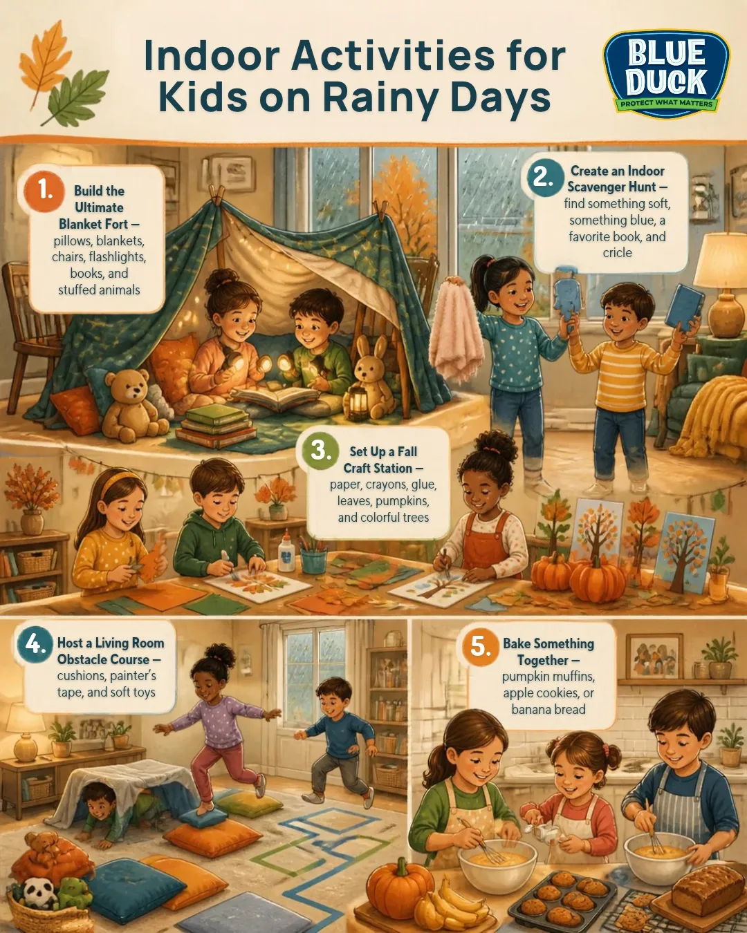 Children enjoying indoor fall activities on a rainy day in an Indianapolis home, playing games and making colorful autumn crafts.