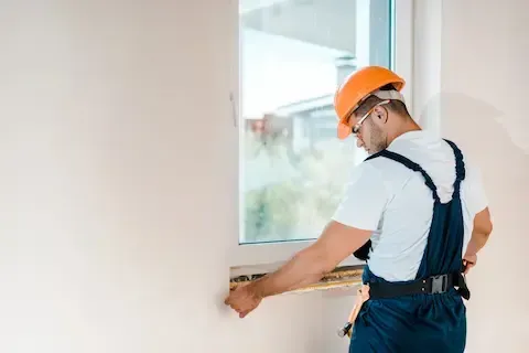 Contractor measuring window frame during renovation by Eden Prairie Remodeling Pros.