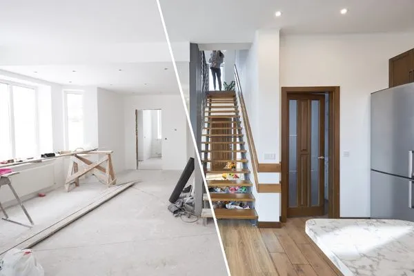Room shown before and after a home renovation.