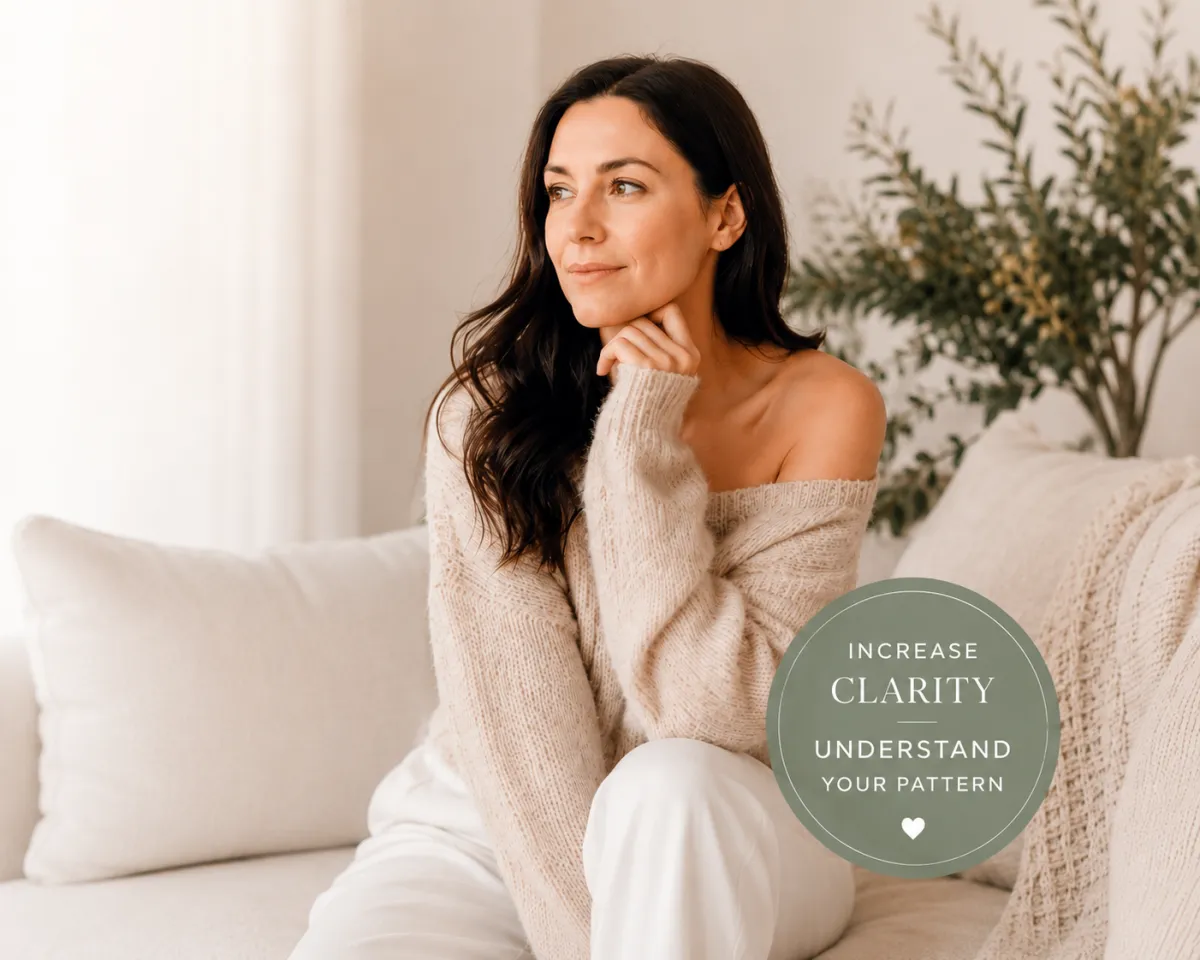 Calm, reflective woman in soft neutral sweater sitting in natural light