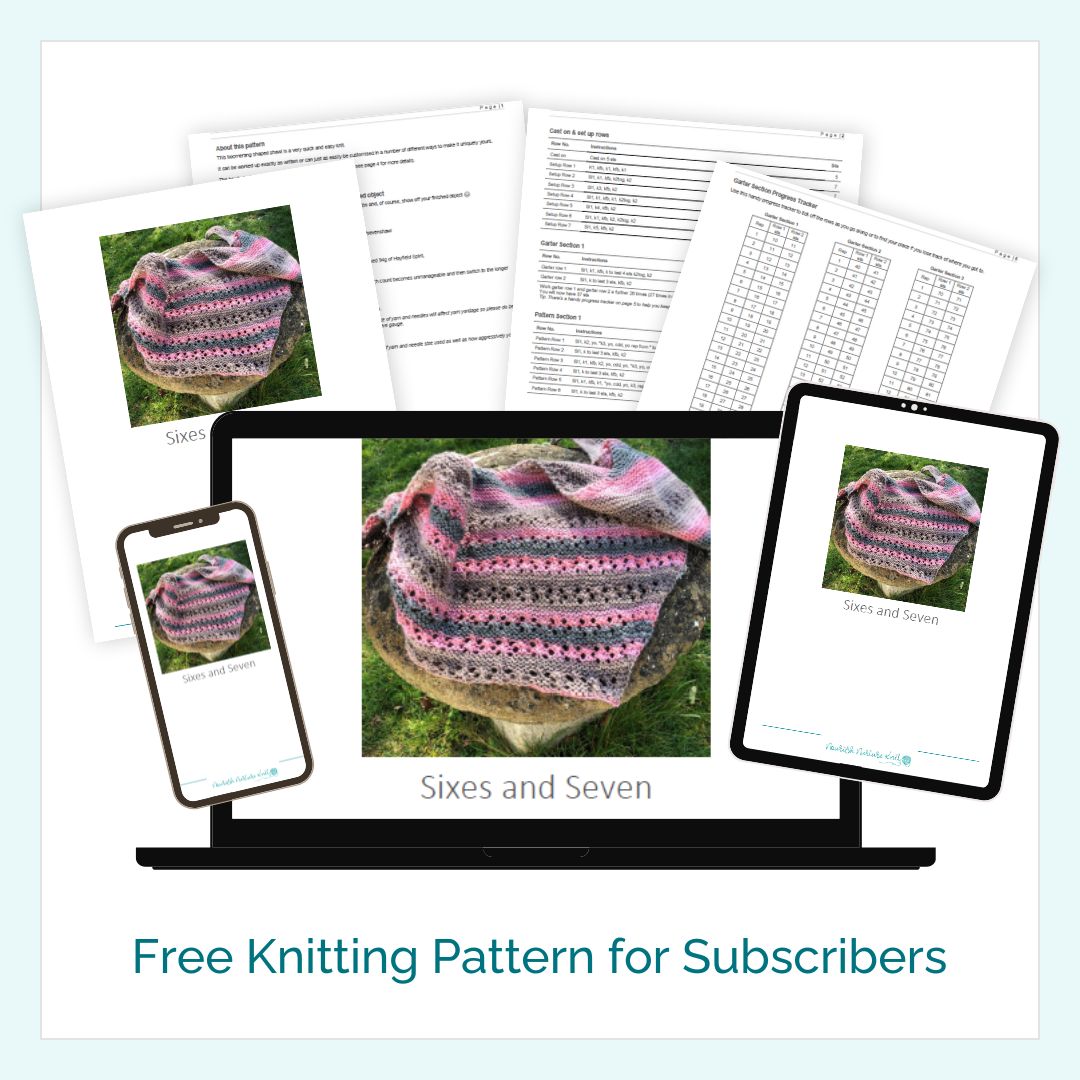 Sixes and Seven knitting pattern cover page with text saying that this knitting pattern is free for subscribers