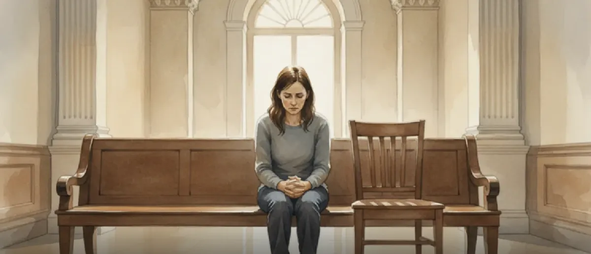 Parent waiting alone in courthouse hallway, symbolizing missing child