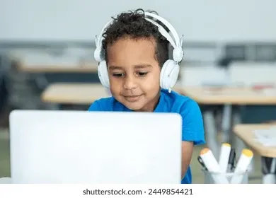 Girl stretches to the side while watching teacher on large screen TV