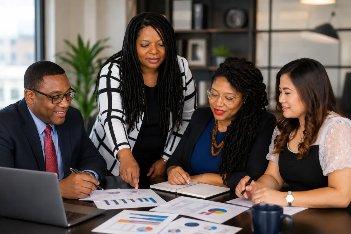 Professional Black consultant reviewing a SWOT matrix on a digital screen