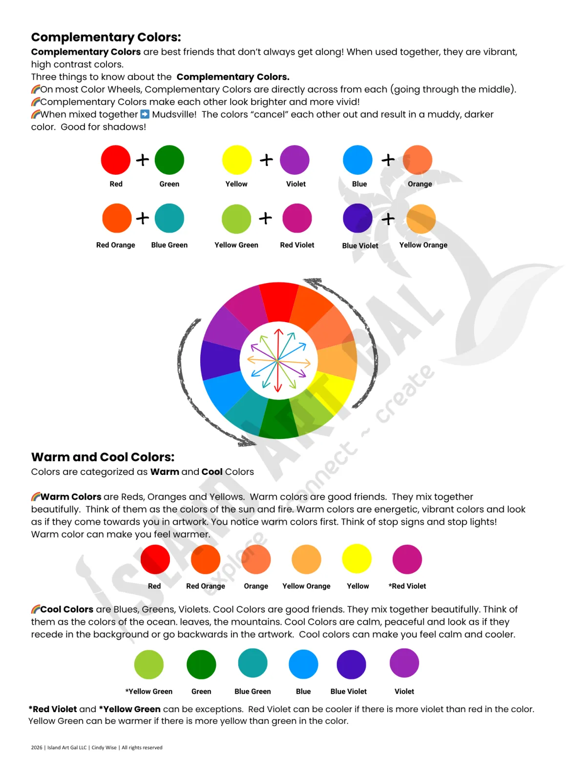Color Theory Handout with examples and definitions of Complementary Colors and Warm/Cool Colors