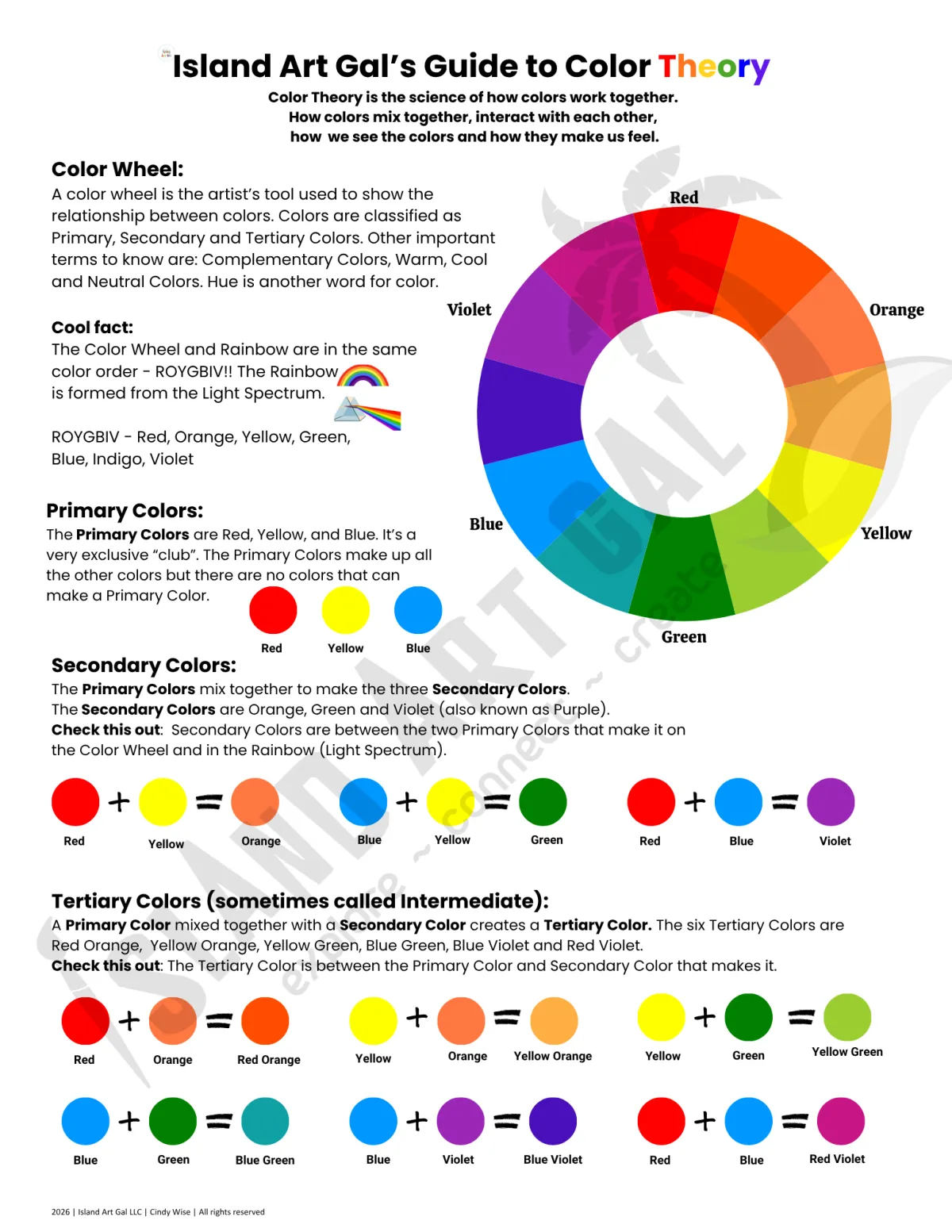 Color Theory handout with color wheel image and description. Examples and definitions of Primary Colors, Secondary Colors and Tertiary Colors