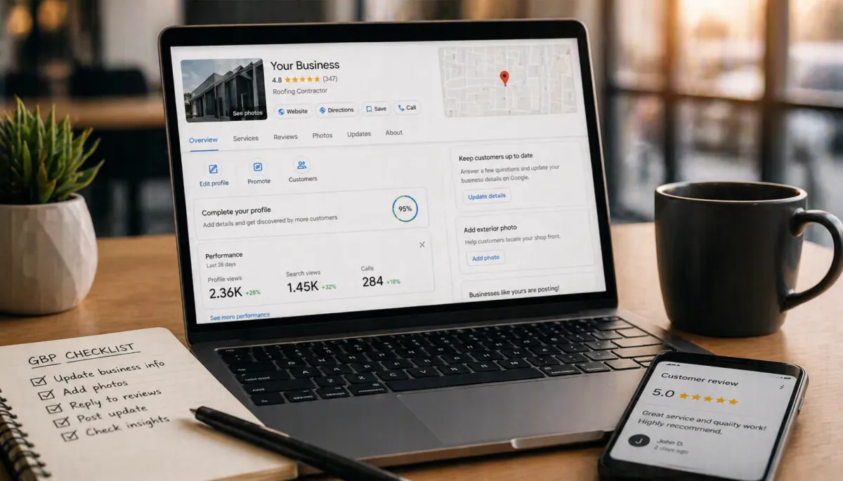 Small business owner in modern office optimizing Google profile