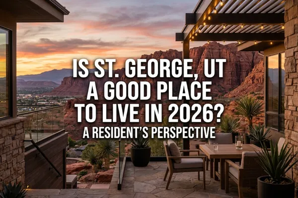 Panoramic view of St. George, Utah at golden hour with red rock cliffs