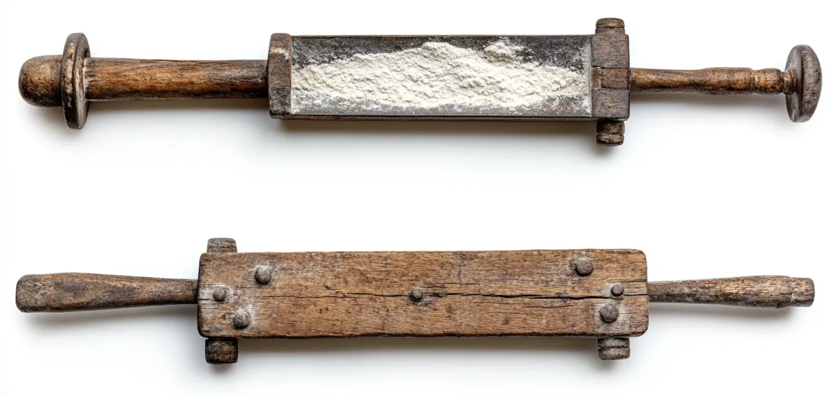 Two rustic wooden scoops filled with flour, showing signs of wear and carvings on the handles