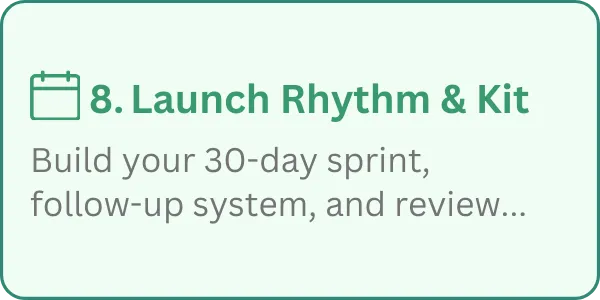 8. Launch Rhythm & Kit - Build your 3-day sprint, follow-up system, and review...