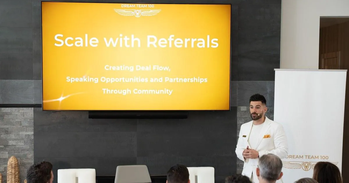 Referral marketing presentation on scaling through deal flow, speaking opportunities, partnerships, and community