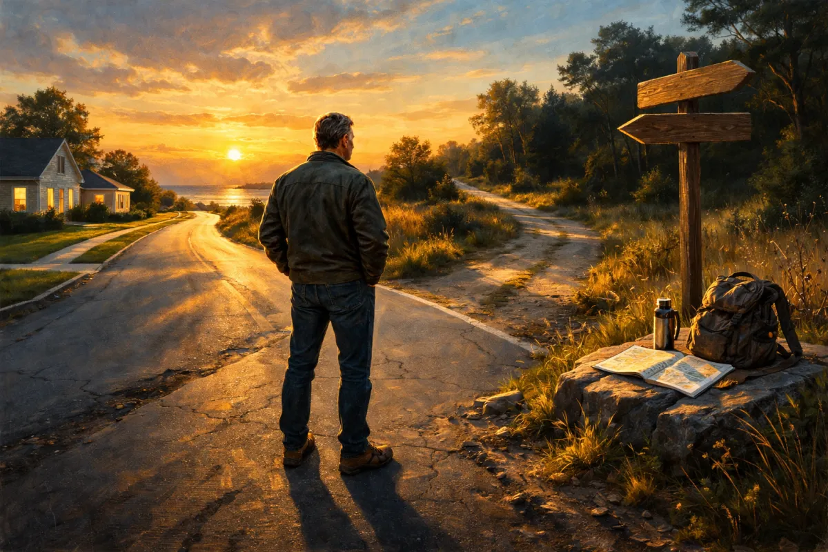 Middle-aged man standing at a sunlit crossroads at sunset, facing two diverging roads with a wooden signpost and backpack nearby.