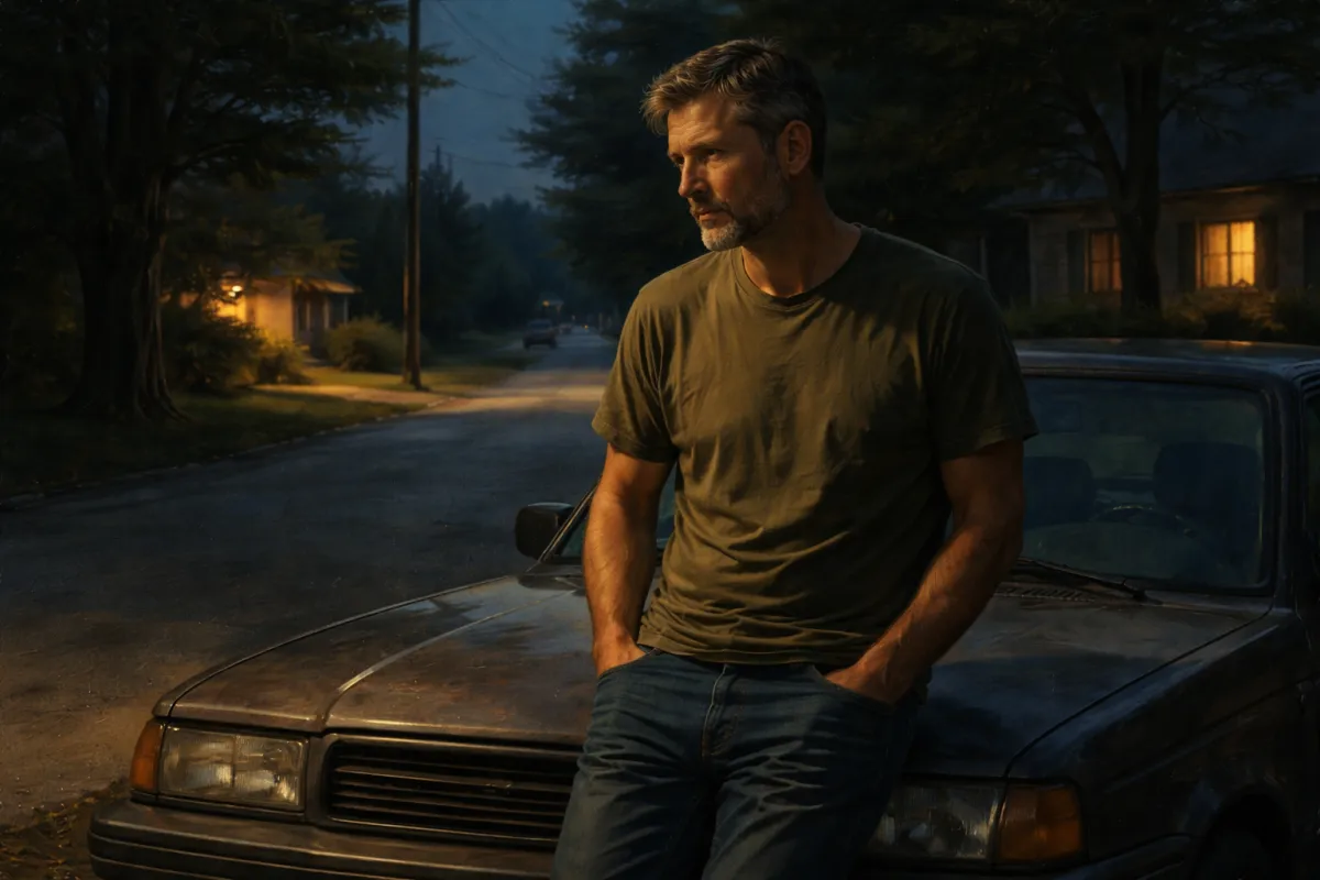 Middle-aged man leaning against an older sedan at dusk on a quiet suburban street, illuminated by warm house lights | Kree Digital