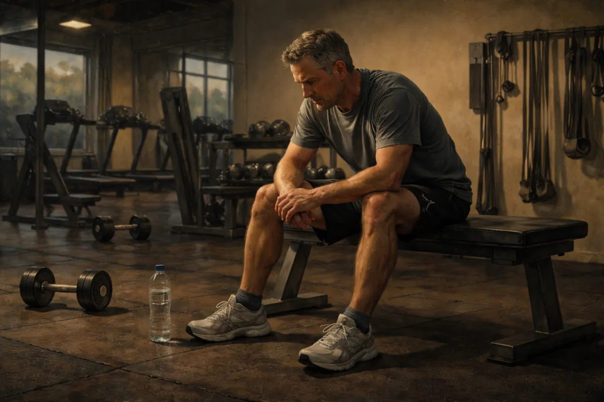 Middle-aged man sitting on a gym bench in a quiet weight room, looking down thoughtfully, with dumbbells and a water bottle | Kree Digital