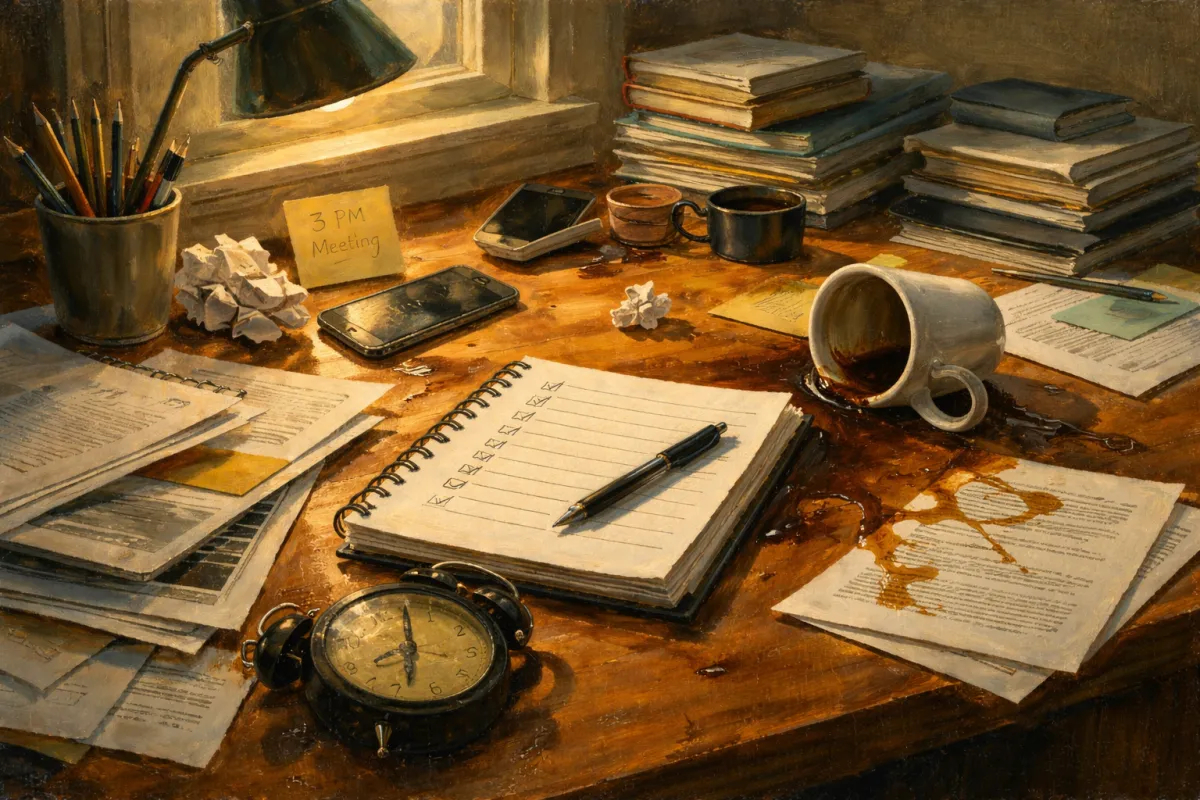 Cluttered desk with scattered papers, a spilled coffee cup soaking documents, a broken alarm clock, and an open notebook with a to-do list in warm morning light | Kree Digital