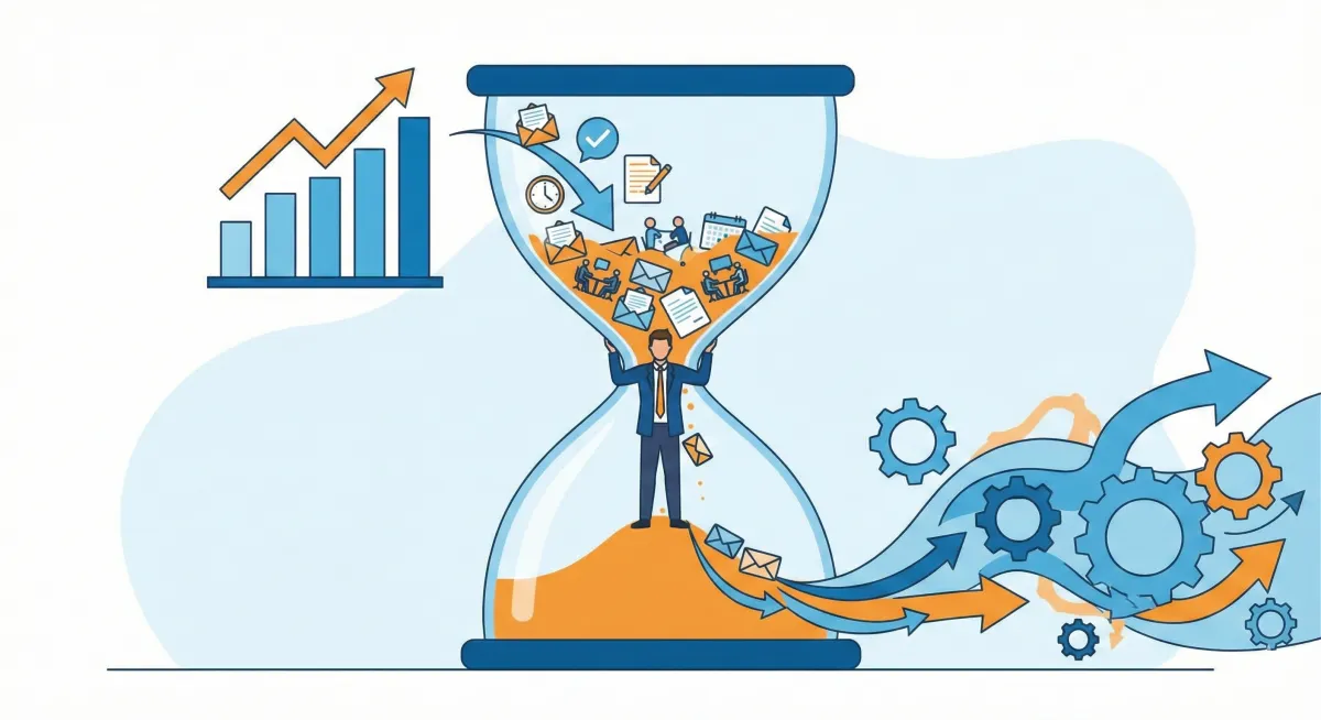Illustration of a businessman acting as a literal bottleneck inside an hourglass, struggling to hold back a heavy load of falling tasks, emails, and documents, with a growth chart on the left and operational gears on the right.