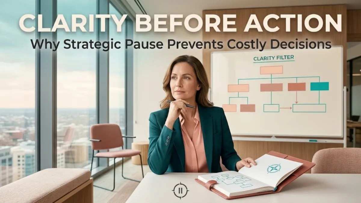 A cover image featuring a thoughtful businesswoman and the headline text "CLARITY BEFORE ACTION: Why Strategic Pause Prevents Costly Decisions".