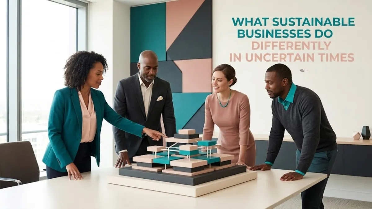 A wide-angle photograph of four diverse business professionals gathered around a modern boardroom table discussing a colorful, stacked geometric architectural model. The woman on the left points to the model. Text in the upper right reads: "WHAT SUSTAINABLE BUSINESSES DO DIFFERENTLY IN UNCERTAIN TIMES". The background features city-view windows and a geometric wall panel using the same color palette as the model accents.