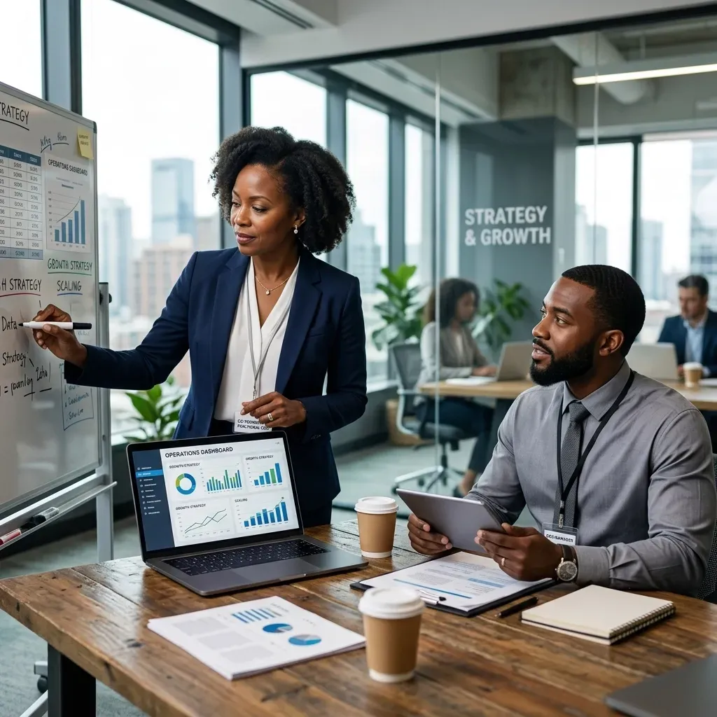 A Black female executive in a navy blue suit presenting at a whiteboard with charts and the text 'GROWTH STRATEGY' and 'SCALING'. A male colleague sits at a wooden table actively listening, with a laptop in the foreground displaying 'OPERATIONS DASHBOARD'.