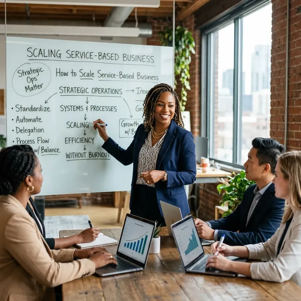 A smiling Black female executive presenting at a glass whiteboard to three colleagues in a modern office. The whiteboard outlines a flowchart for 'SCALING SERVICE-BASED BUSINESS' connecting 'STRATEGIC OPERATIONS' down through 'SYSTEMS & PROCESSES', 'SCALING', 'EFFICIENCY', and 'WITHOUT BURNOUT'. Bullet points include 'Standardize', 'Automate', and 'Delegation'. Her colleagues follow along on laptops displaying growth bar charts.