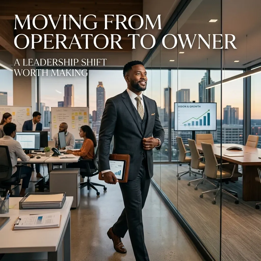 A confident Black male executive in a sharp grey three-piece suit walking through a modern, glass-walled office holding a tablet. Diverse team members are working at desks and in a conference room in the background, with a city skyline visible through large windows at sunset. Text overlay reads: 'MOVING FROM OPERATOR TO OWNER: A LEADERSHIP SHIFT WORTH MAKING'.
