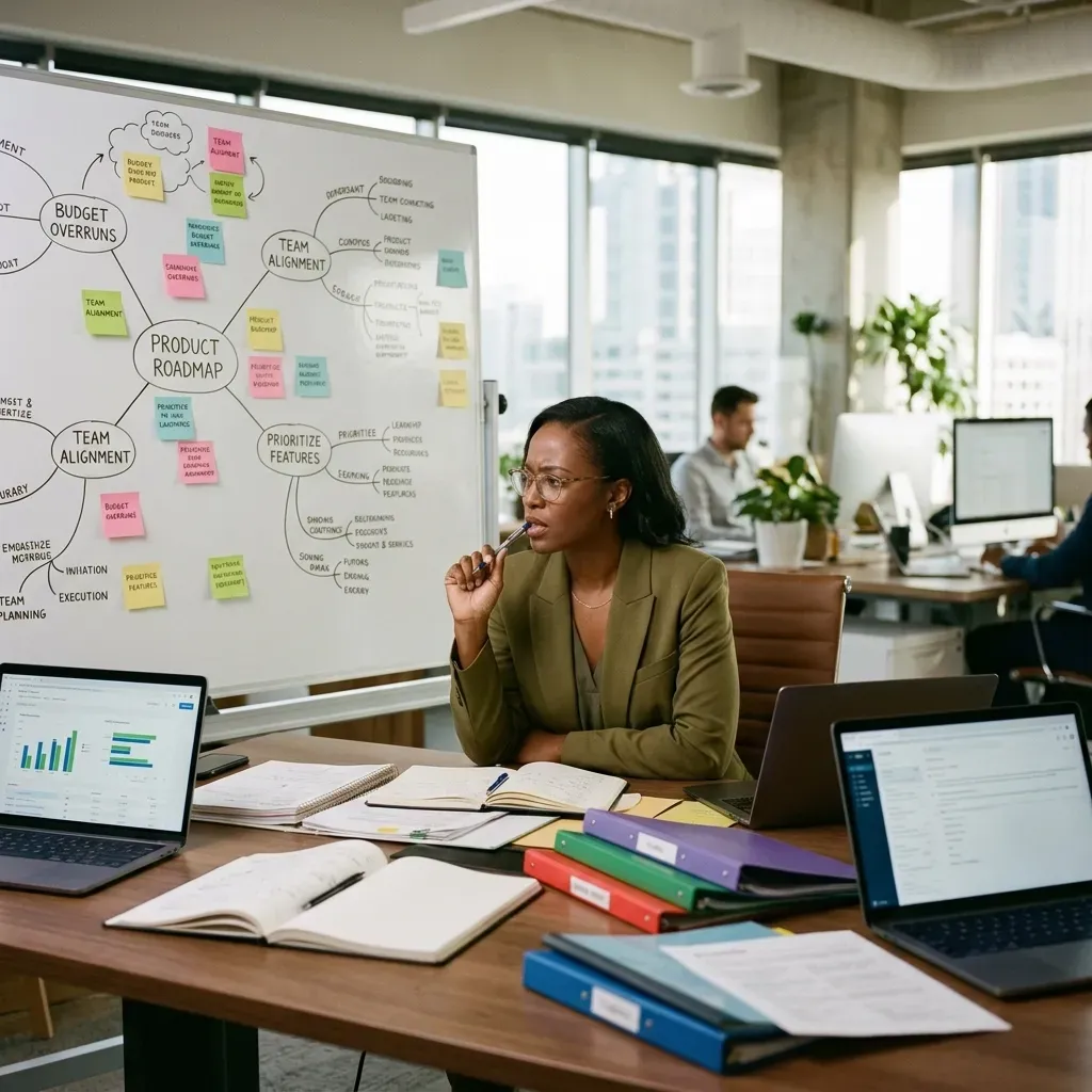 A Black female executive with glasses sits at a desk in a modern office, thoughtfully holding a pen near her mouth as she looks at a complex whiteboard mind map covered in sticky notes. The mind map includes terms like 'PRODUCT ROADMAP', 'TEAM ALIGNMENT', 'BUDGET OVERRUNS', and 'PRIORITIZE FEATURES'. Multiple laptops and colorful binders are on the desk in front of her.