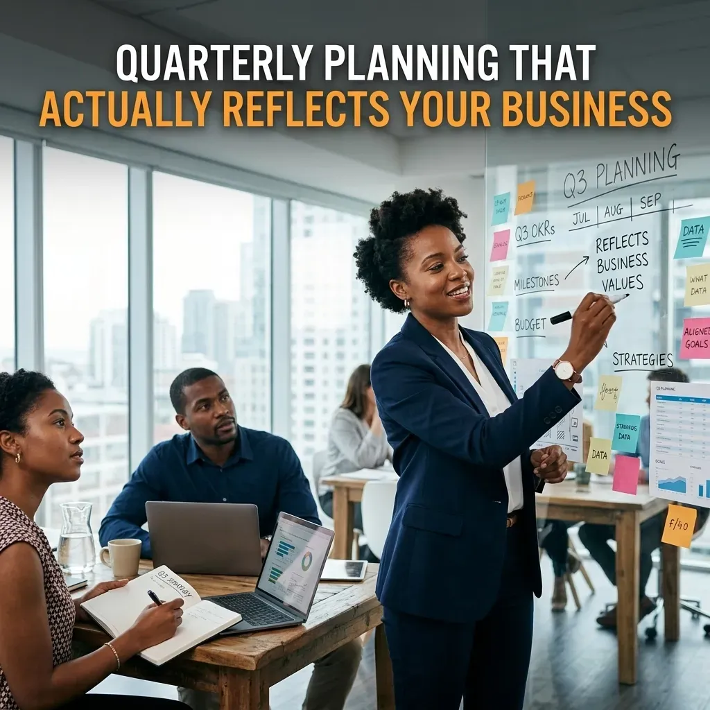  A smiling Black female executive in a navy suit writing on a glass partition in a modern office. The board is filled with notes for 'Q3 PLANNING', 'MILESTONES', and 'BUDGET', with an arrow pointing to 'REFLECTS BUSINESS VALUES'. Two colleagues are visible in the background against large windows. Text overlay: QUARTERLY PLANNING THAT ACTUALLY REFLECTS YOUR BUSINESS.