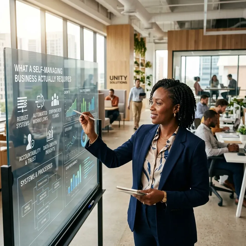 A smiling Black female executive in a navy blue suit pointing a stylus at a large transparent glass board in a modern, sunlit office. The board is titled 'WHAT A SELF-MANAGING BUSINESS ACTUALLY REQUIRES' and features icons for 'ROBUST SYSTEMS', 'AUTOMATED WORKFLOWS', 'EMPOWERED TEAMS', 'ACCOUNTABILITY & TRUST', and 'DATA-DRIVEN INSIGHTS'. A 'SYSTEMS & PROCESSES' flowchart is visible at the bottom. Colleagues work in the background under a 'UNITY SOLUTIONS' logo.