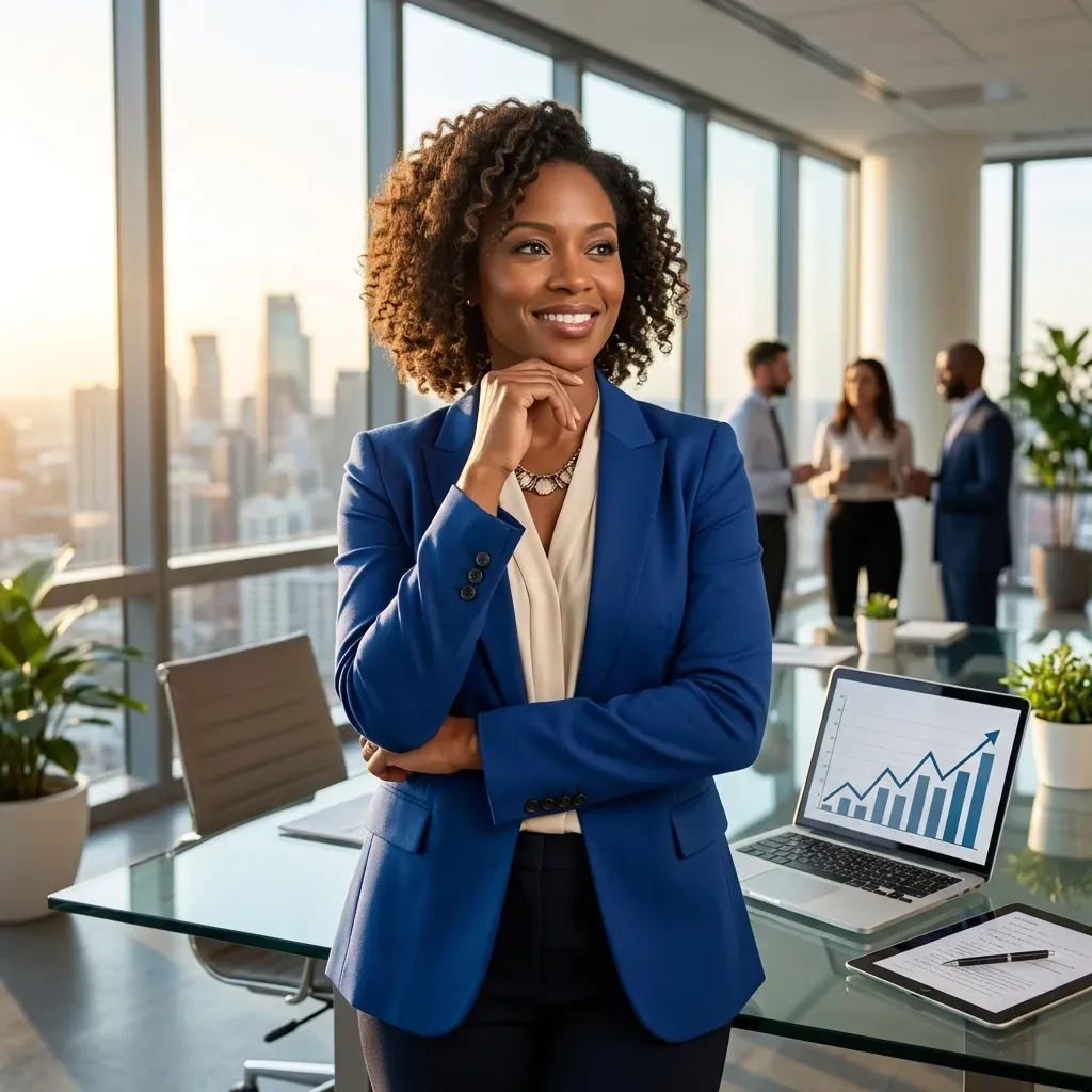 A smiling Black female executive in a royal blue blazer stands confidently in a modern, high-rise office with floor-to-ceiling windows showing a city skyline at sunset. In the background, diverse professionals collaborate around a conference table. A laptop on the foreground glass desk displays a line graph showing consistent upward growth.