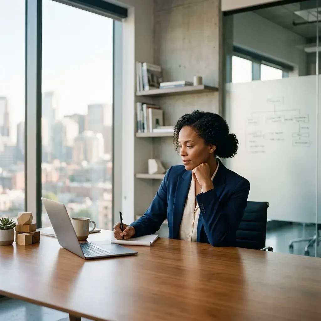 A focused Black female executive in a navy blazer sitting at a wooden desk, writing in a notebook while looking at her laptop. The modern office features large windows with a city view and a whiteboard with a flowchart in the background.