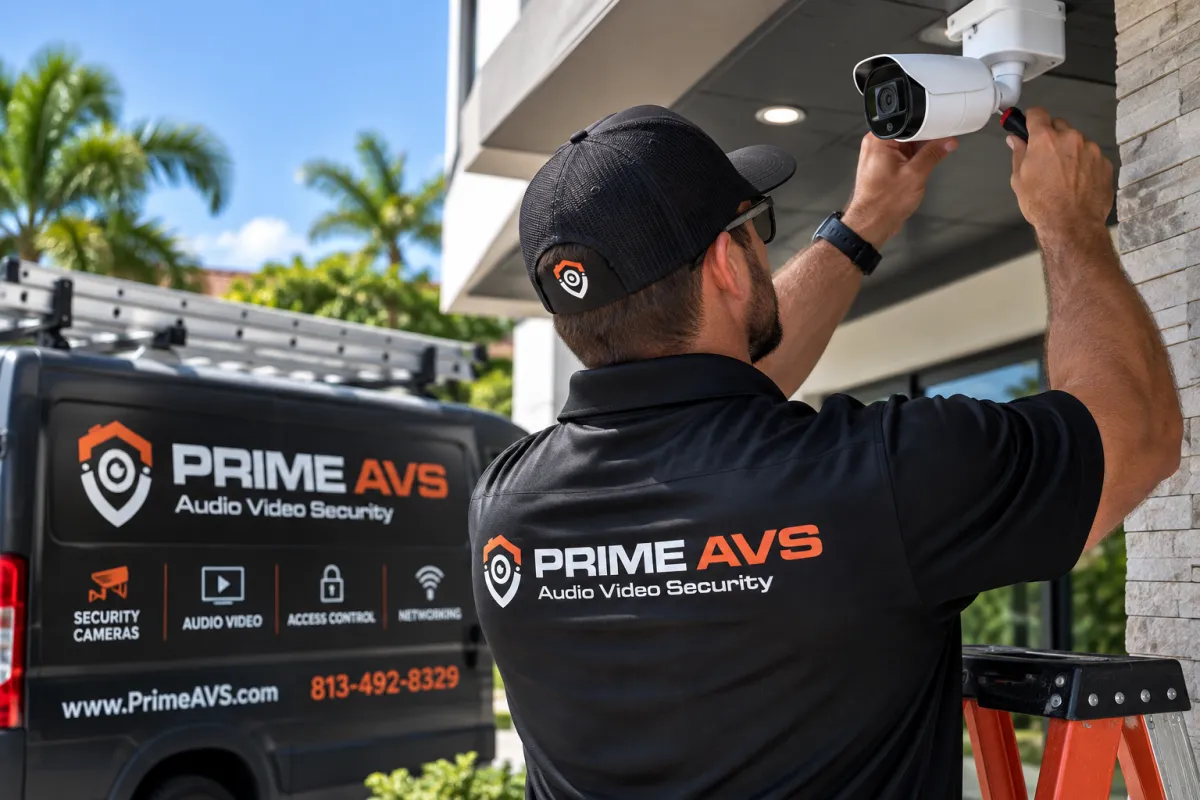 Prime AVS technician on-site installing commercial surveillance and AI monitoring equipment