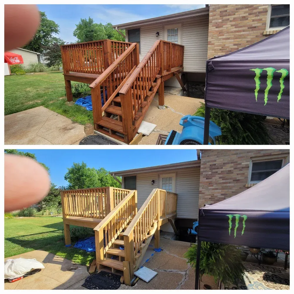 Before and after photos of an exterior wooden staircase and deck railing project showing updated wood steps and railings.