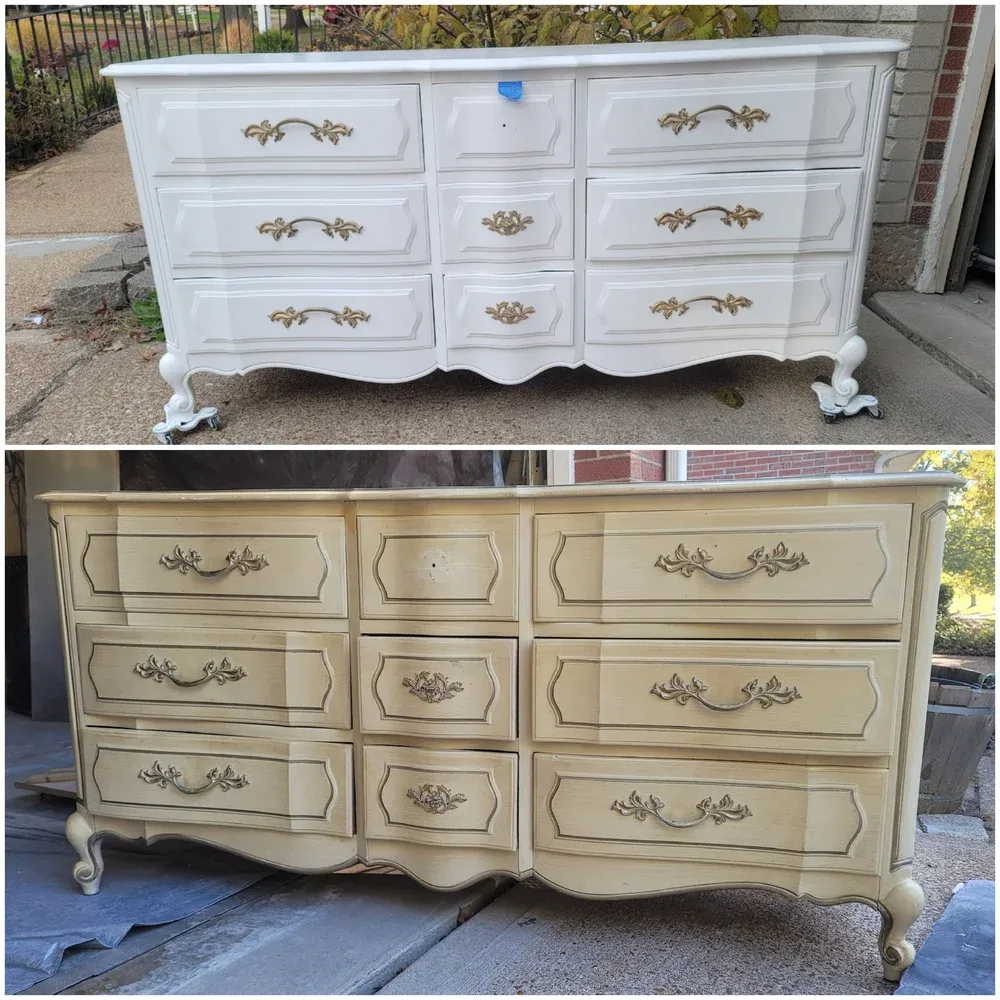 Before and after furniture refinishing photos showing a vintage wood dresser updated with a white painted finish and restored decorative details.
