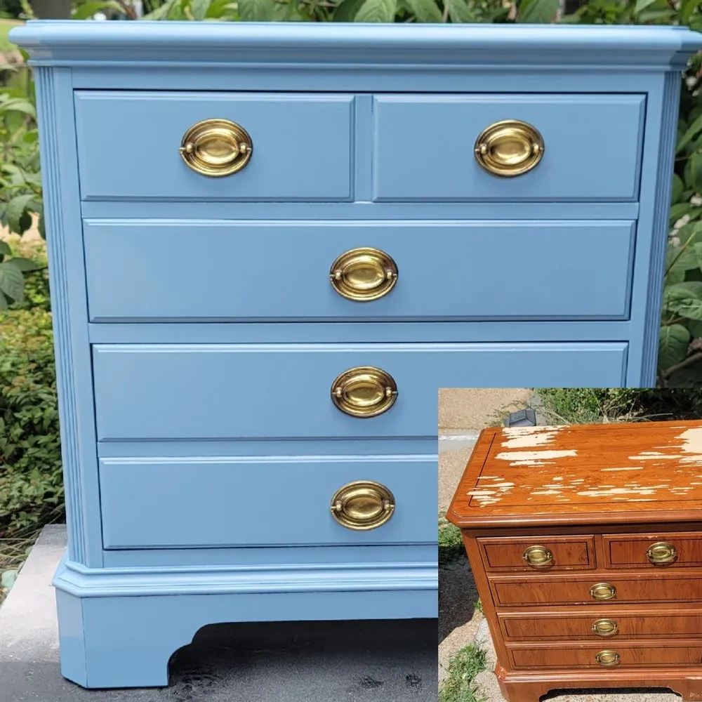 Before and after furniture refinishing project showing a worn wooden dresser restored with a smooth dusty blue painted finish and gold hardware.