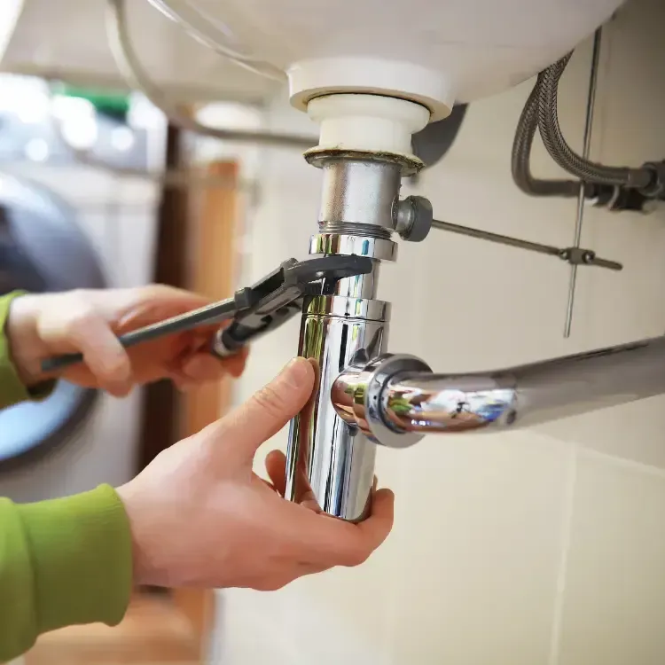 A plumber adjusting a sink pipe valve. 