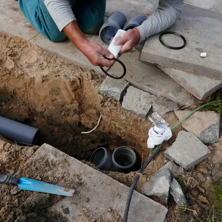 A whole dug out in the ground to fix the sewer line.