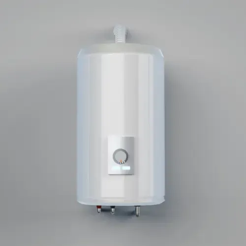 A white tank water heater installed on the wall. 