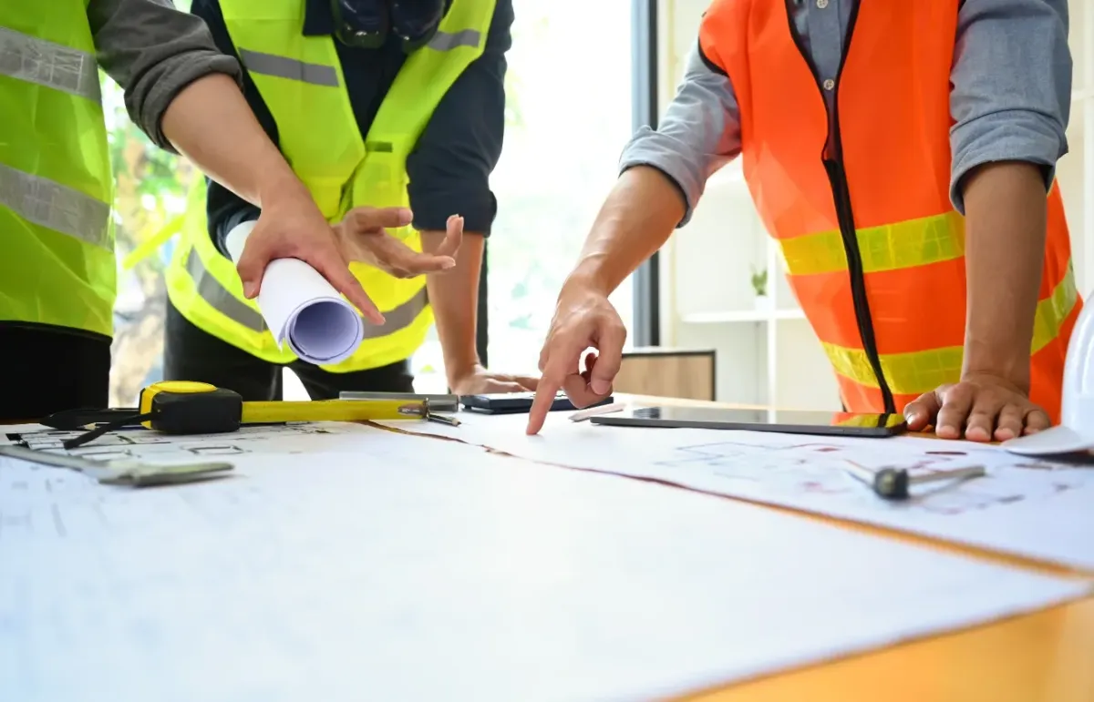 Contractors discussing project plan on paper..