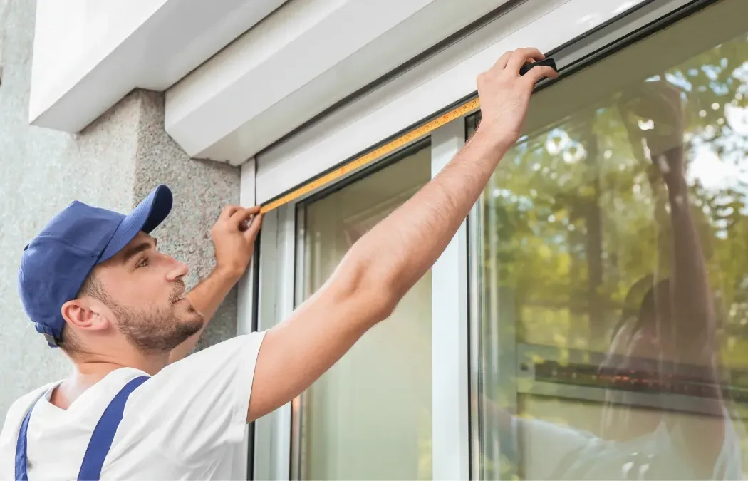 Contractor measuring window width.