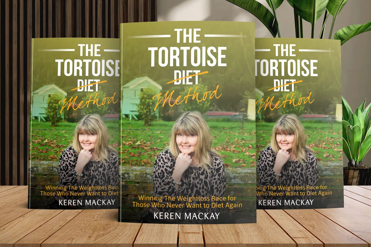 Product mockup showing three identical book covers titled 'THE TORTOISE DIET' featuring a portrait of a woman in a field, arranged side-by-side with slight overlap