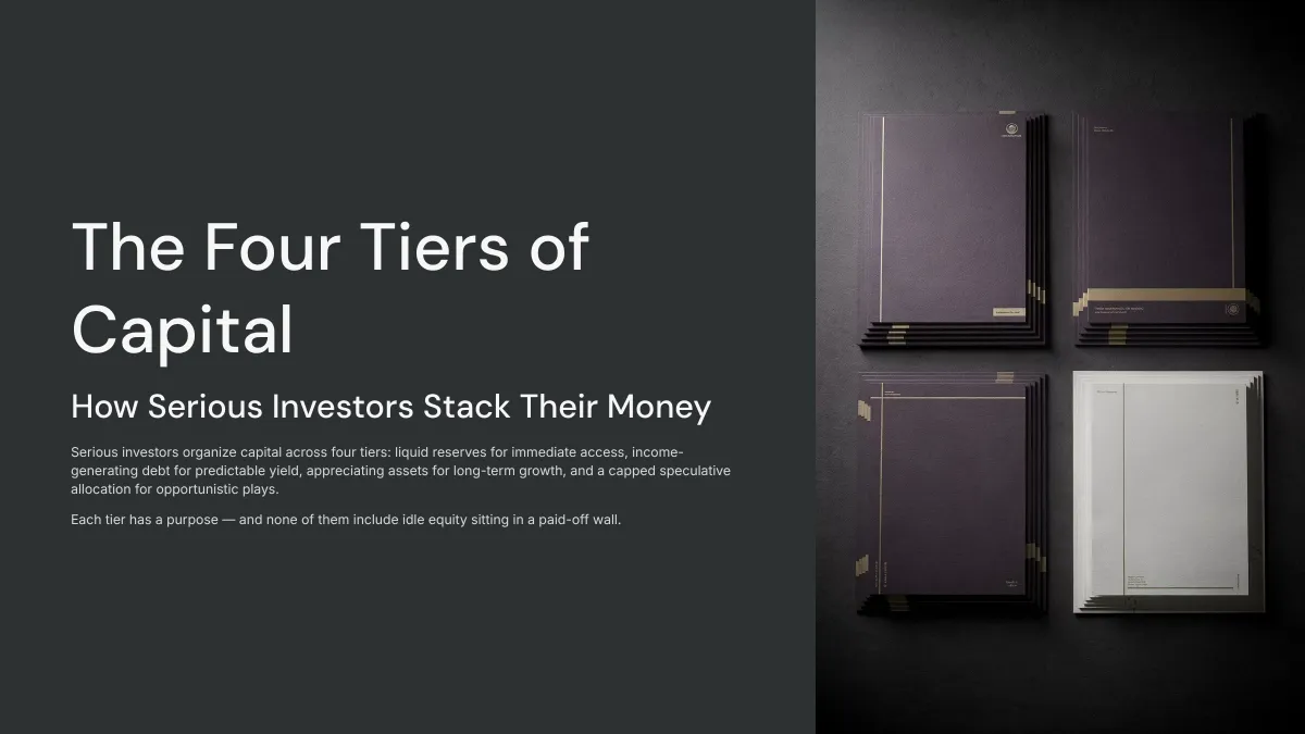 Four organized stacks representing the capital tiers of liquid reserves income-generating debt appreciating assets and speculative growth