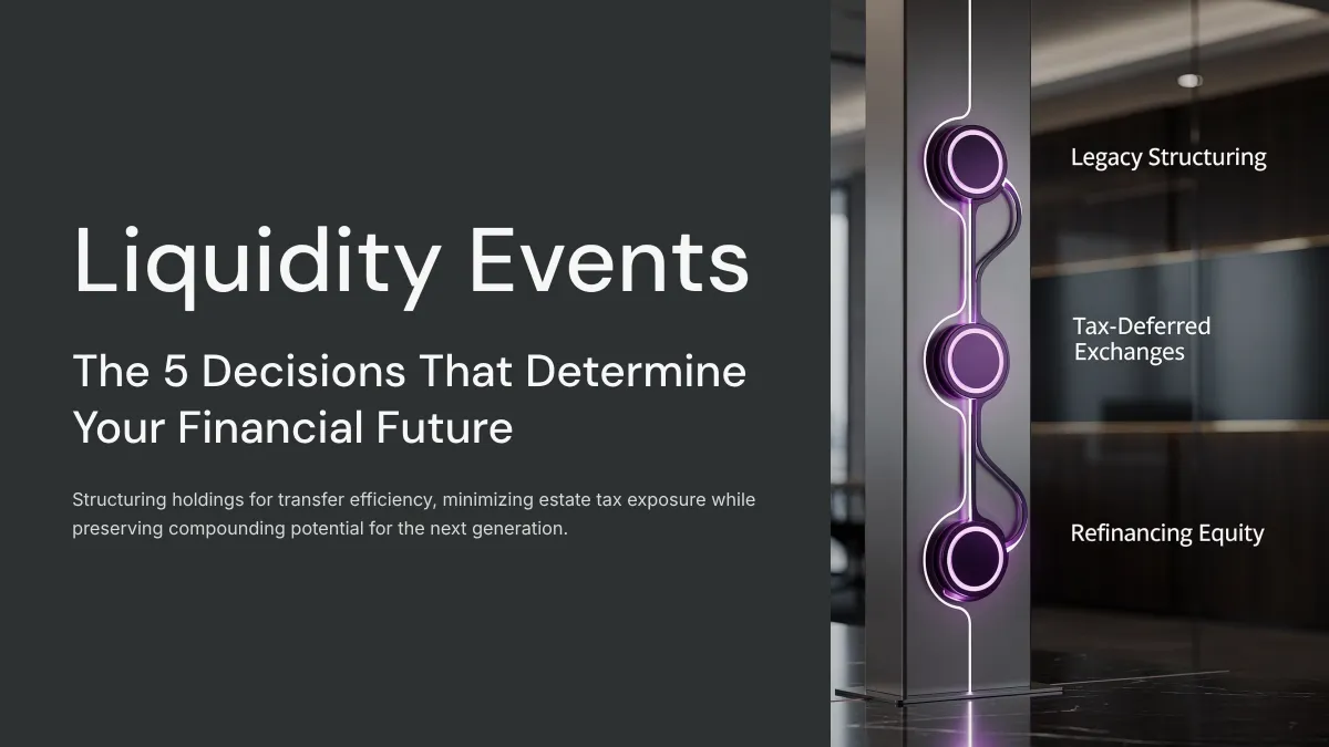 Decision framework for managing liquidity events including refinance disposition 1031 exchange private placement and legacy structuring